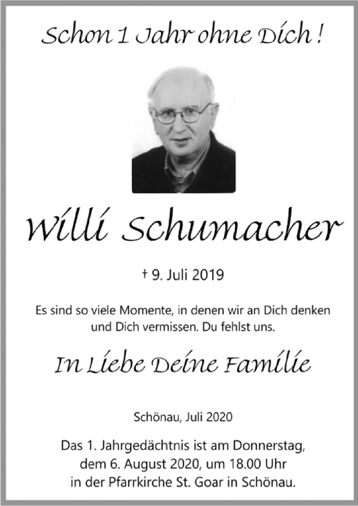  Traueranzeige für Willi Schumacher vom 18.07.2020 aus  Blickpunkt Euskirchen 