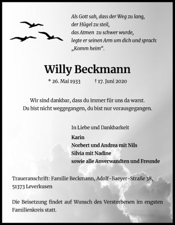 Anzeige von Willy Beckmann von Kölner Stadt-Anzeiger / Kölnische Rundschau / Express