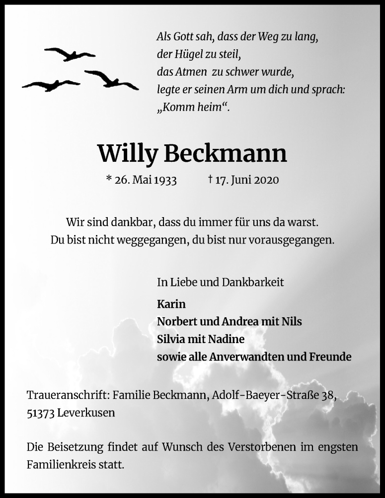  Traueranzeige für Willy Beckmann vom 04.07.2020 aus Kölner Stadt-Anzeiger / Kölnische Rundschau / Express