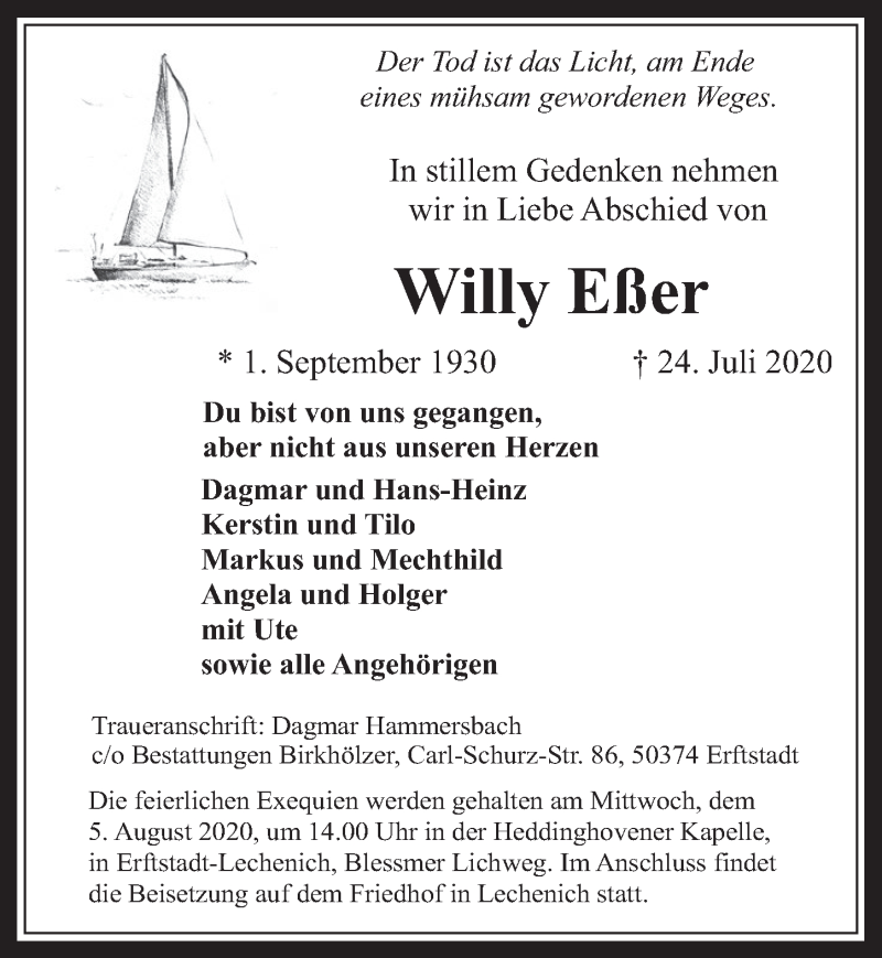  Traueranzeige für Willy Eßer vom 31.07.2020 aus  Werbepost 