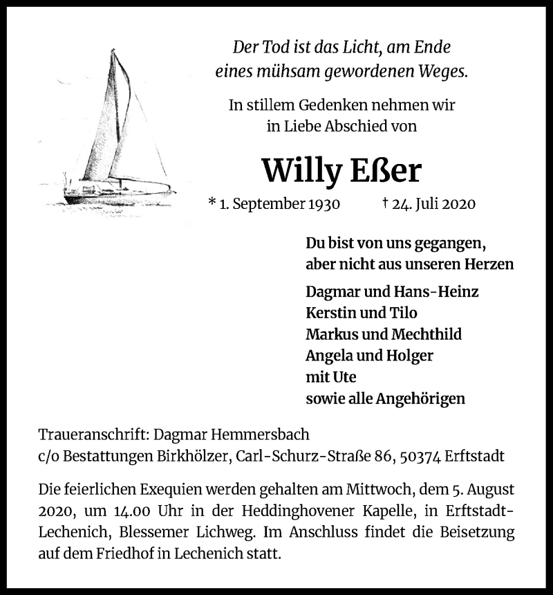 Traueranzeige für Willy Eßer vom 30.07.2020 aus Kölner Stadt-Anzeiger / Kölnische Rundschau / Express