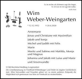Anzeige von Wim Weber-Weingarten von Kölner Stadt-Anzeiger / Kölnische Rundschau / Express