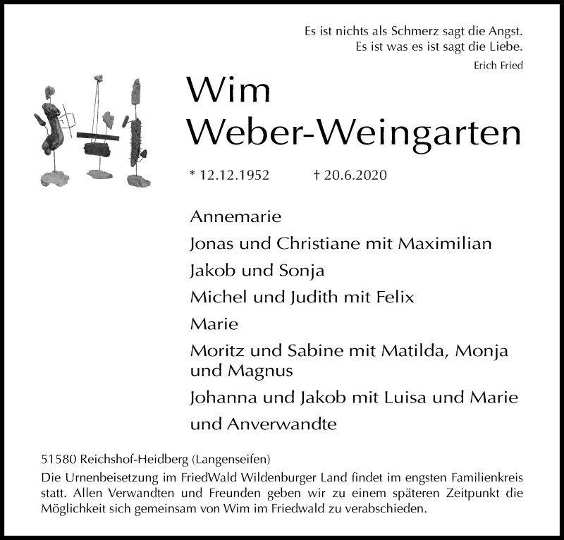  Traueranzeige für Wim Weber-Weingarten vom 04.07.2020 aus Kölner Stadt-Anzeiger / Kölnische Rundschau / Express