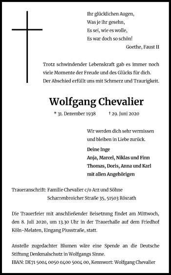 Anzeige von Wolfgang Chevalier von Kölner Stadt-Anzeiger / Kölnische Rundschau / Express
