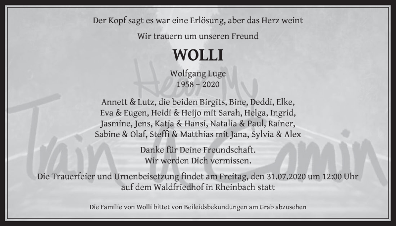  Traueranzeige für Wolfgang Luge vom 24.07.2020 aus  Schaufenster/Blickpunkt 