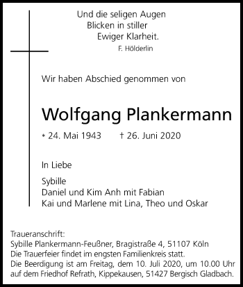Anzeige von Wolfgang Plankermann von Kölner Stadt-Anzeiger / Kölnische Rundschau / Express