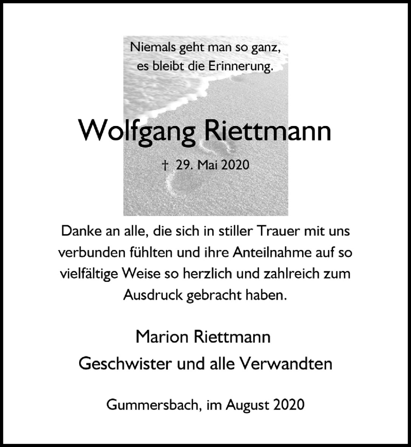  Traueranzeige für Wolfgang Riettmann vom 31.07.2020 aus  Anzeigen Echo 