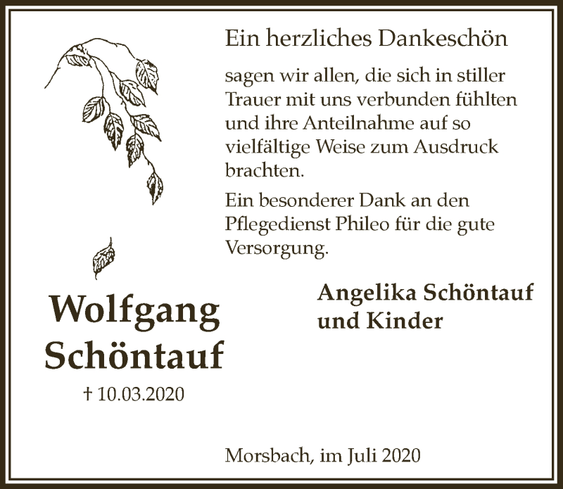  Traueranzeige für Wolfgang Schöntauf vom 03.07.2020 aus  Lokalanzeiger 