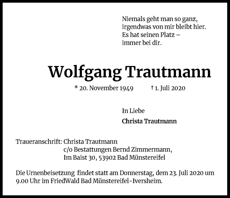  Traueranzeige für Wolfgang Trautmann vom 18.07.2020 aus Kölner Stadt-Anzeiger / Kölnische Rundschau / Express