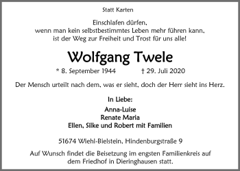 Anzeige von Wolfgang Twele von  Anzeigen Echo 