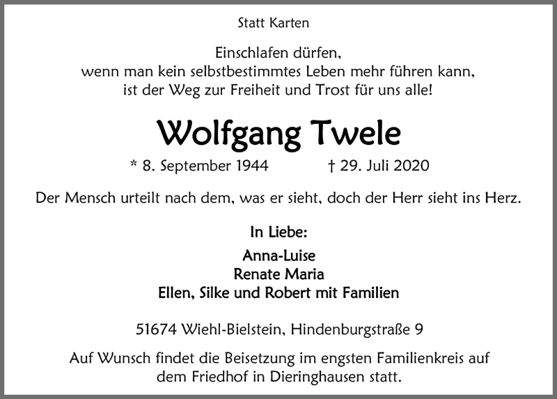  Traueranzeige für Wolfgang Twele vom 31.07.2020 aus  Anzeigen Echo 