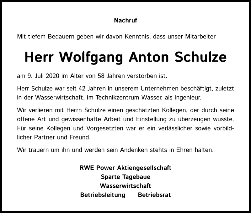  Traueranzeige für Wolfgang Anton Schulze vom 22.07.2020 aus Kölner Stadt-Anzeiger / Kölnische Rundschau / Express