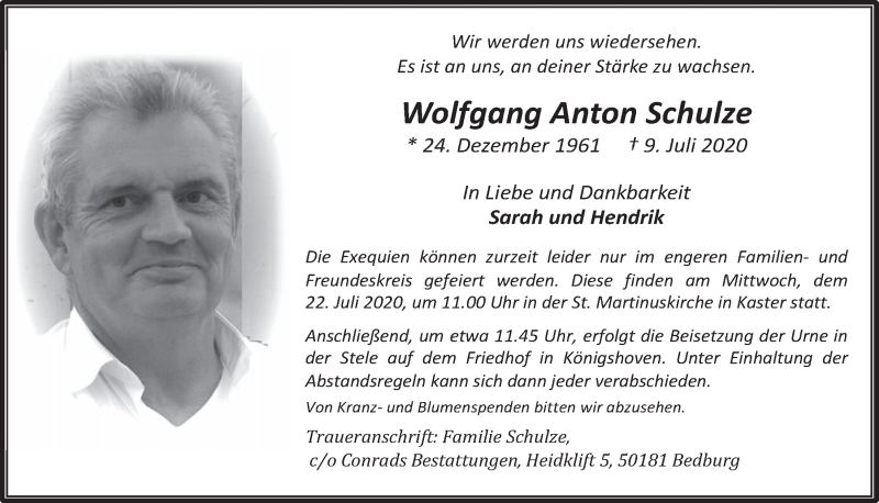  Traueranzeige für Wolfgang Anton Schulze vom 17.07.2020 aus  Werbepost 
