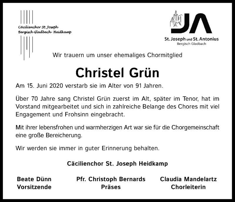  Traueranzeige für christel Grün vom 08.07.2020 aus Kölner Stadt-Anzeiger / Kölnische Rundschau / Express
