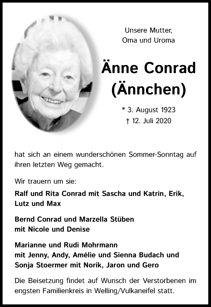  Traueranzeige für Änne Conrad vom 18.07.2020 aus Kölner Stadt-Anzeiger / Kölnische Rundschau / Express