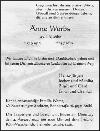Anzeige von Änne Worbs von  Kölner Wochenspiegel  Schlossbote/Werbekurier 