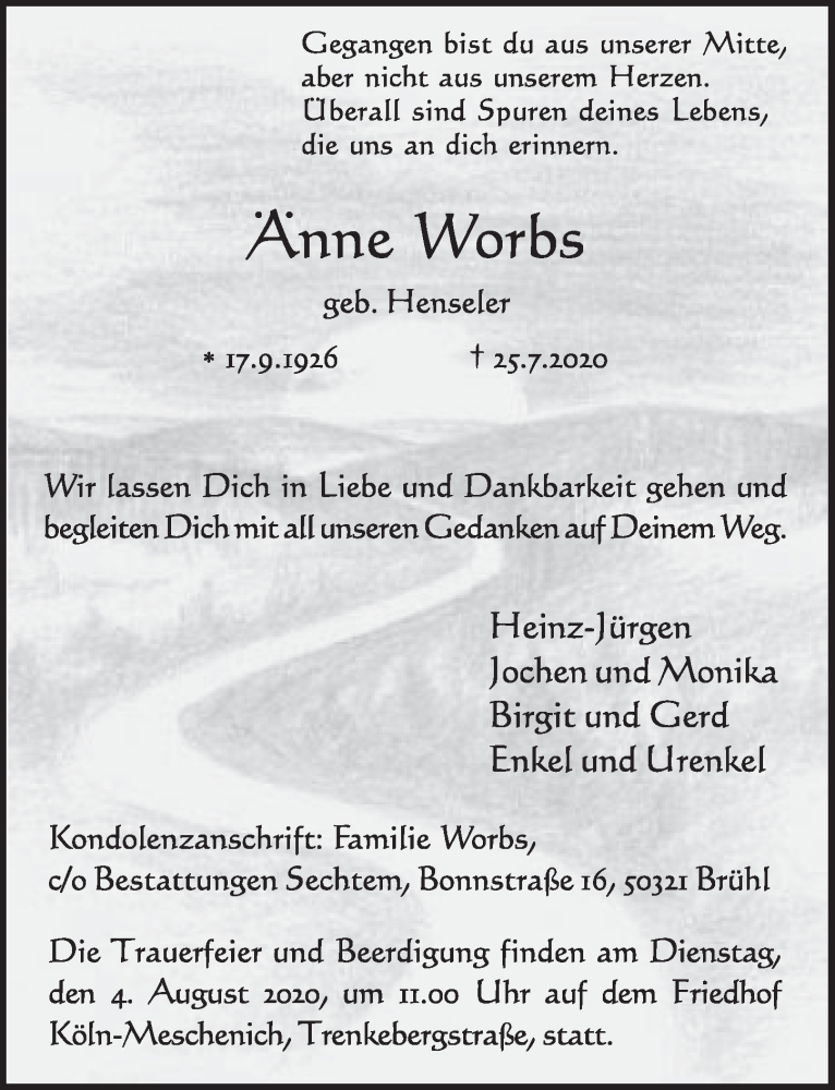  Traueranzeige für Änne Worbs vom 31.07.2020 aus  Kölner Wochenspiegel  Schlossbote/Werbekurier 