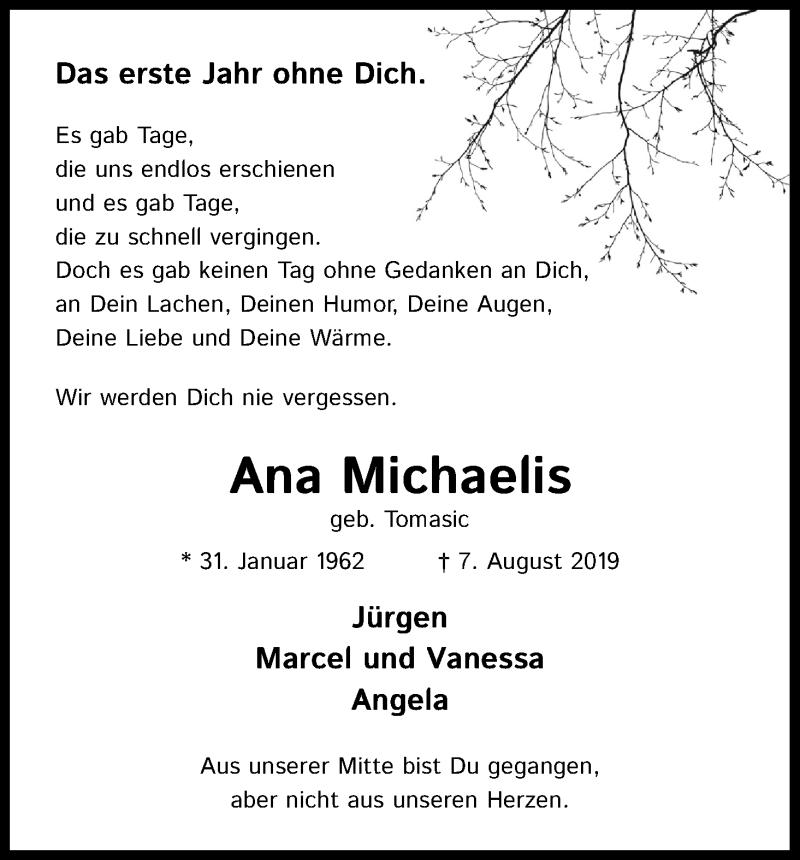  Traueranzeige für Ana Michaelis vom 07.08.2020 aus Zeitungsgruppe Köln