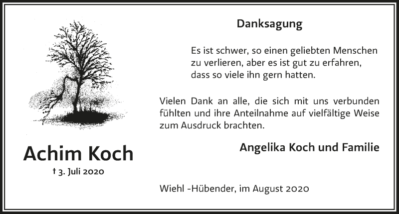  Traueranzeige für Achim Koch vom 21.08.2020 aus  Anzeigen Echo 