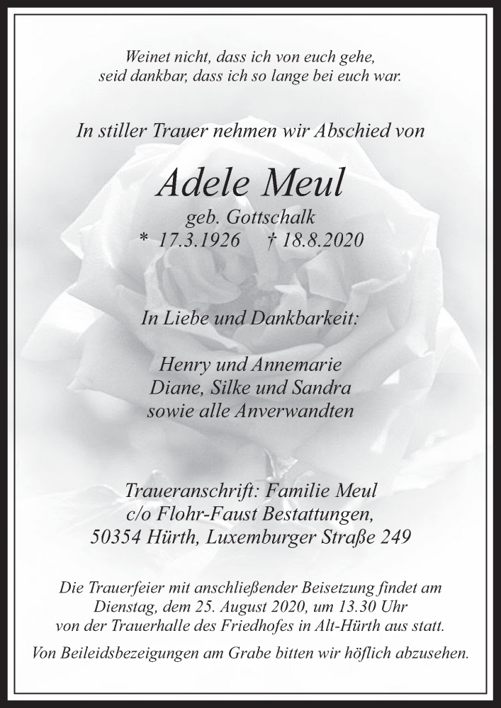  Traueranzeige für Adele Meul vom 21.08.2020 aus  Wochenende 