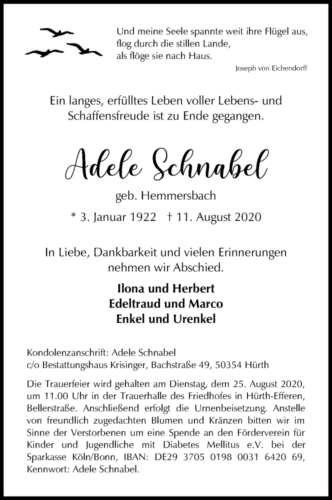  Traueranzeige für Adele Schnabel vom 22.08.2020 aus Kölner Stadt-Anzeiger / Kölnische Rundschau / Express