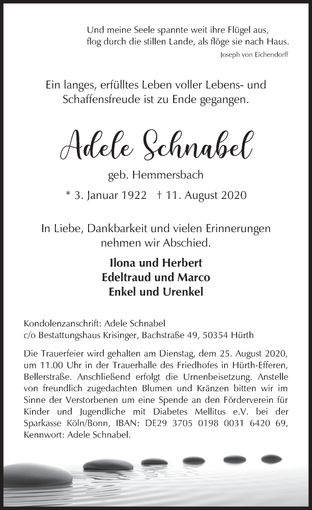  Traueranzeige für Adele Schnabel vom 21.08.2020 aus  Wochenende 