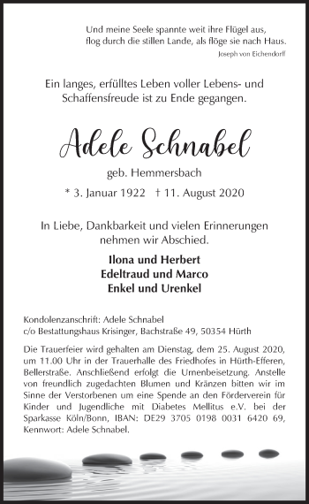 Anzeige von Adele Schnabel von  Wochenende 