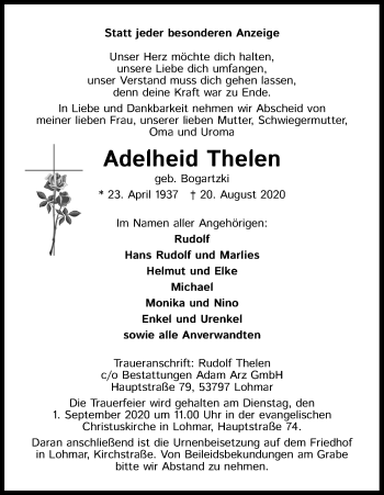 Anzeige von Adelheid Thelen von Kölner Stadt-Anzeiger / Kölnische Rundschau / Express