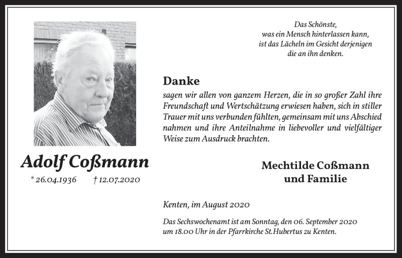  Traueranzeige für Adolf Coßmann vom 21.08.2020 aus  Werbepost 