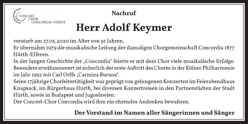  Traueranzeige für Adolf Keymer vom 07.08.2020 aus  Wochenende 