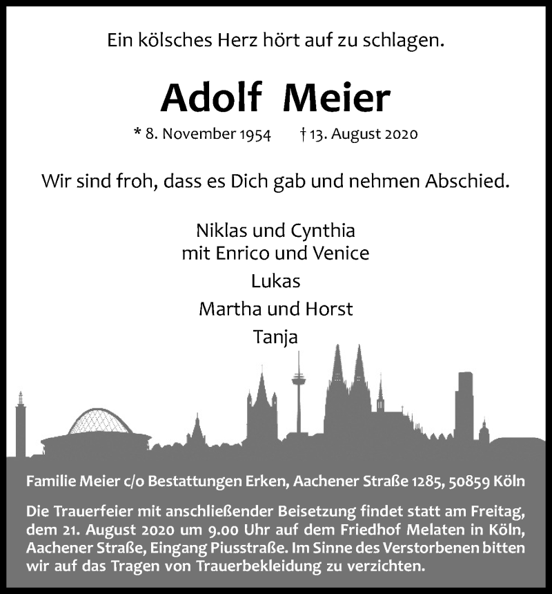  Traueranzeige für Adolf Meier vom 19.08.2020 aus Kölner Stadt-Anzeiger / Kölnische Rundschau / Express