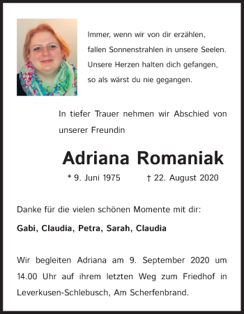 Anzeige von Adriana Romaniak von Kölner Stadt-Anzeiger / Kölnische Rundschau / Express
