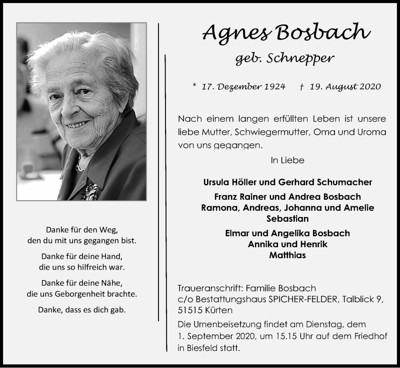  Traueranzeige für Agnes Bosbach vom 29.08.2020 aus Kölner Stadt-Anzeiger / Kölnische Rundschau / Express