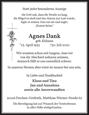 Anzeige von Agnes Dank von  Wochenende 