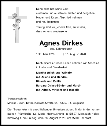 Anzeige von Agnes Dirkes von Kölner Stadt-Anzeiger / Kölnische Rundschau / Express