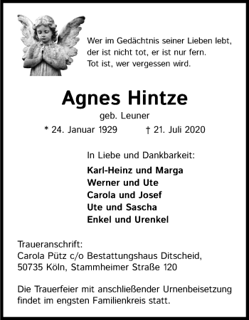 Anzeige von Agnes Hintze von Kölner Stadt-Anzeiger / Kölnische Rundschau / Express
