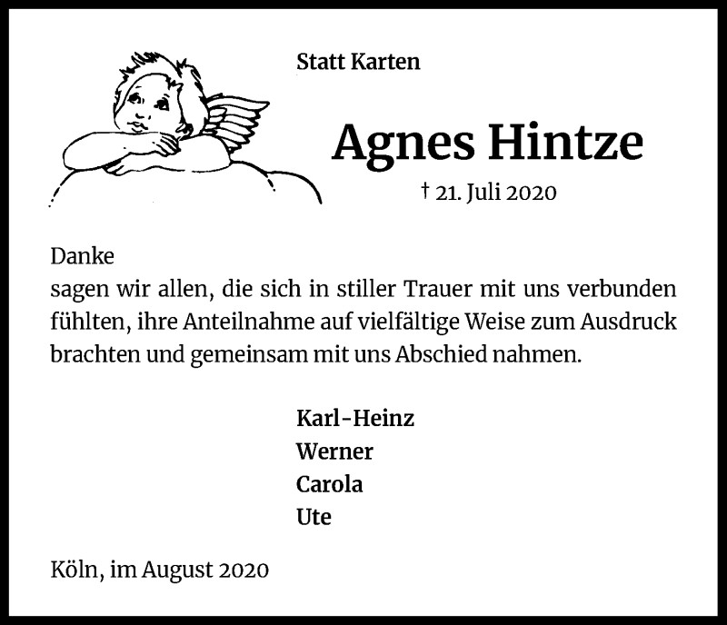  Traueranzeige für Agnes Hintze vom 24.08.2020 aus Kölner Stadt-Anzeiger / Kölnische Rundschau / Express