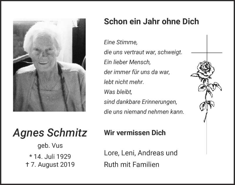  Traueranzeige für Agnes Schmitz vom 08.08.2020 aus  Blickpunkt Euskirchen 