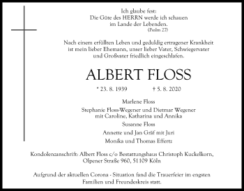 Anzeige von Albert Floss von Kölner Stadt-Anzeiger / Kölnische Rundschau / Express