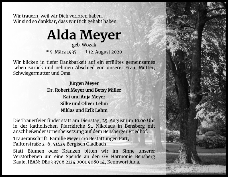  Traueranzeige für Alda Meyer vom 19.08.2020 aus Kölner Stadt-Anzeiger / Kölnische Rundschau / Express