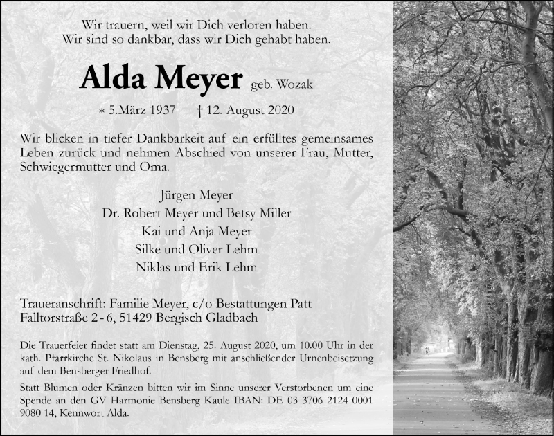  Traueranzeige für Alda Meyer vom 21.08.2020 aus  Bergisches Handelsblatt 