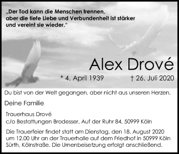 Anzeige von Alex Drové von Kölner Stadt-Anzeiger / Kölnische Rundschau / Express