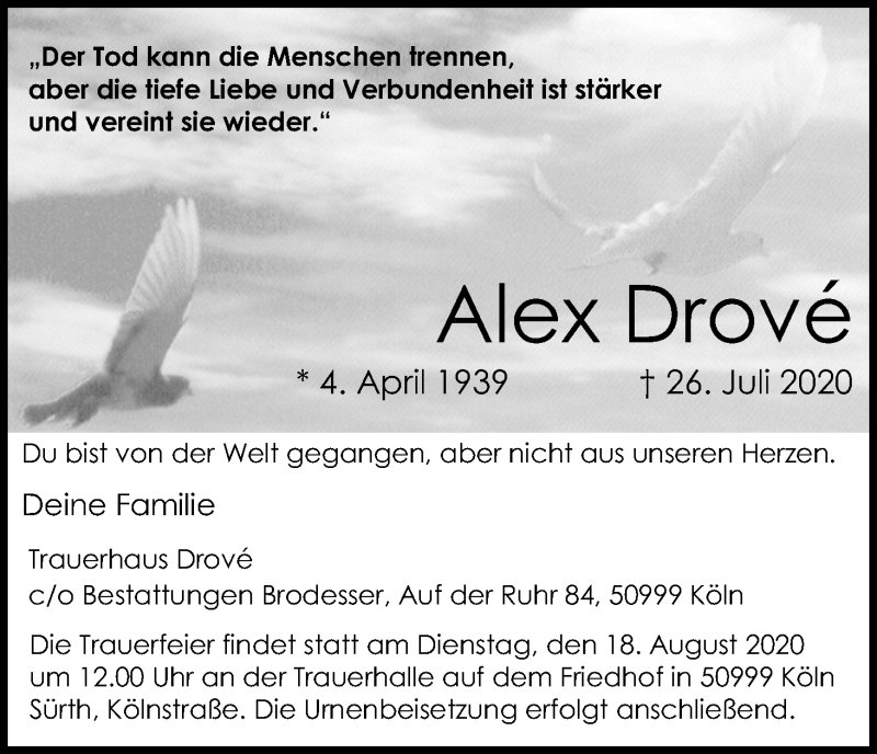  Traueranzeige für Alex Drové vom 08.08.2020 aus Kölner Stadt-Anzeiger / Kölnische Rundschau / Express