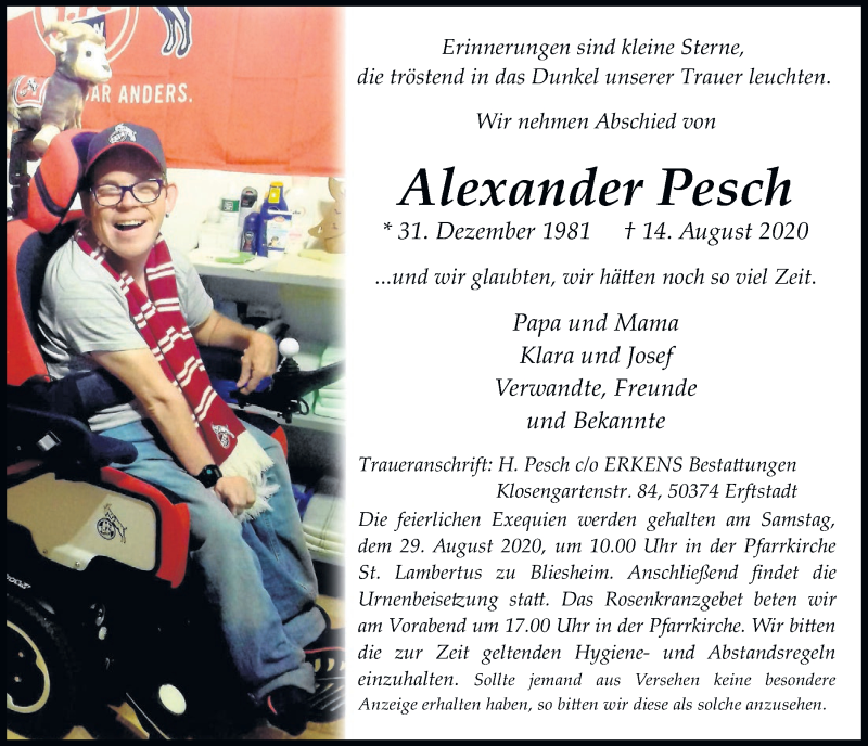  Traueranzeige für Alexander Pesch vom 21.08.2020 aus  Werbepost 