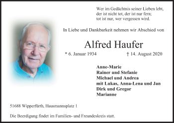 Anzeige von Alfred Haufer von Kölner Stadt-Anzeiger / Kölnische Rundschau / Express