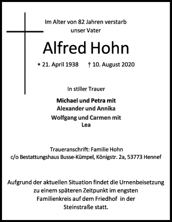 Anzeige von Alfred Hohn von Kölner Stadt-Anzeiger / Kölnische Rundschau / Express