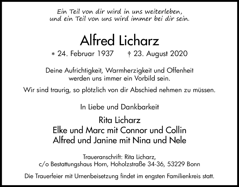  Traueranzeige für Alfred Licharz vom 29.08.2020 aus Kölner Stadt-Anzeiger / Kölnische Rundschau / Express