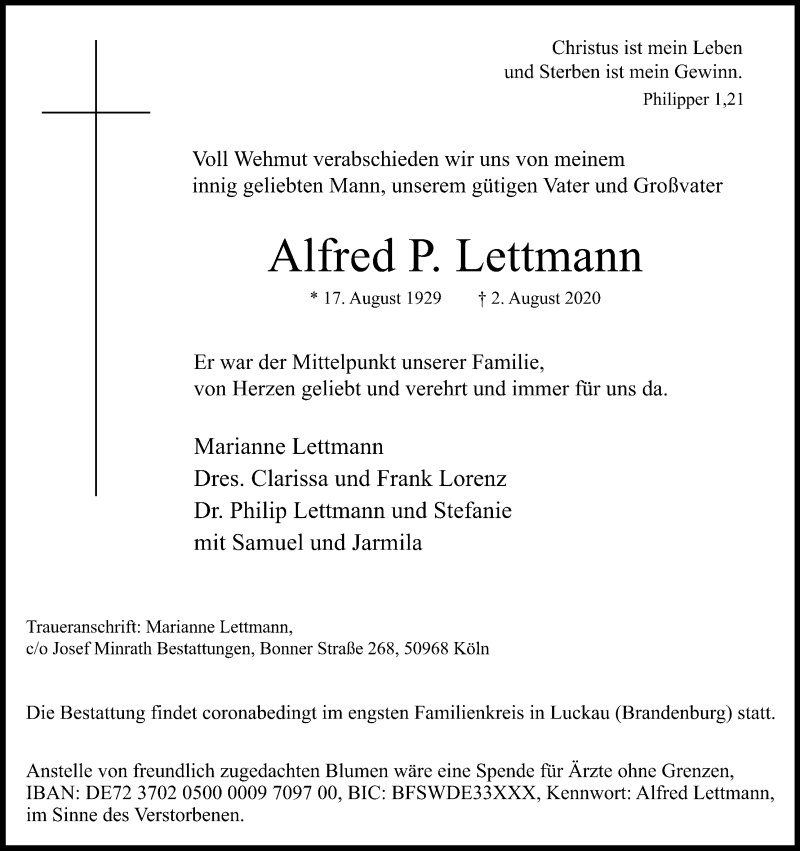  Traueranzeige für Alfred P. Lettmann vom 08.08.2020 aus Kölner Stadt-Anzeiger / Kölnische Rundschau / Express
