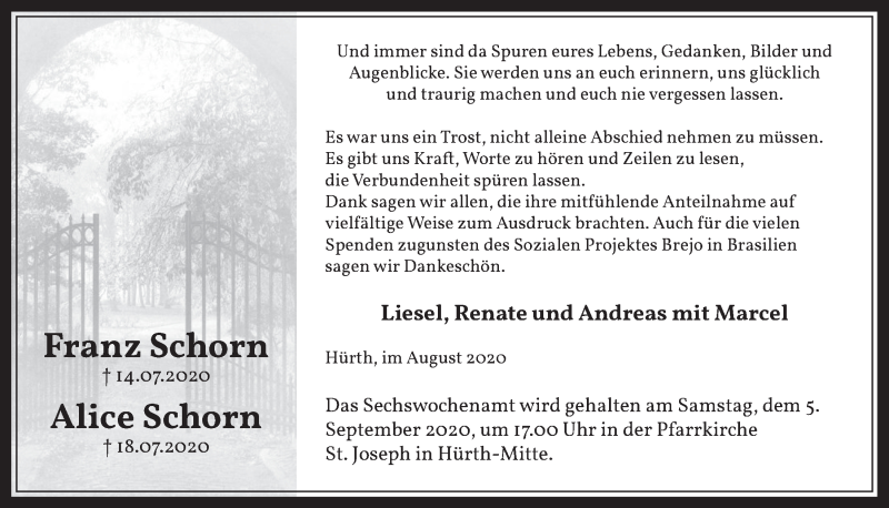  Traueranzeige für Alice Schorn vom 21.08.2020 aus  Wochenende 