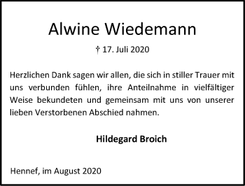 Anzeige von Alwine Wiedemann von  Extra Blatt 